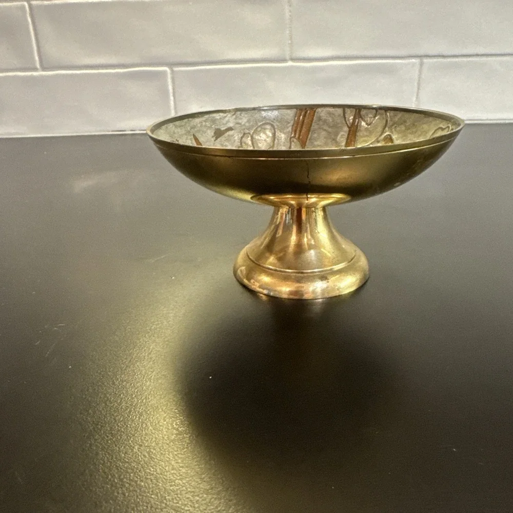 Vintage‎ Brass Pedestal Bowl Enamel w/ Flowers 5
